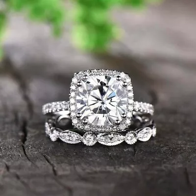 3.72CT Cushion Halo Moissanite Bridal Set Art Deco Wedding Ring 14K White Gold • $297.25