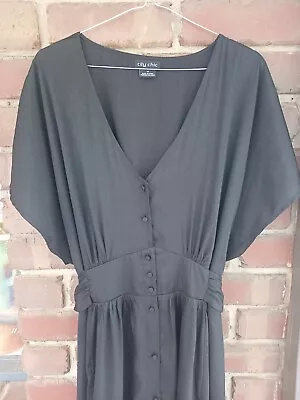 City Chic Black Satin Button Up Plus Size Midi Dress M 18 Tie Waist • $40