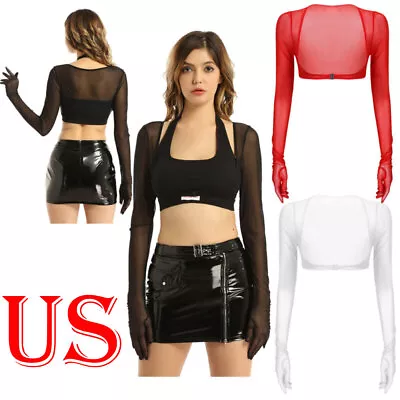 US Womens Sheer Mesh Long Sleeve Crop Tops Shirt Shrug See Through Sexy Lingerie • $8.83