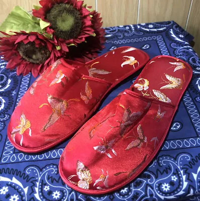 Vintage Oriental Satin House Slippers W/ Embroidered  Butterflies XL • $15.60