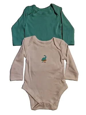 2 Baby Long Sleeve Bodysuits 0-3 Months Dinosaur And Plain (WB00052) • £2.99