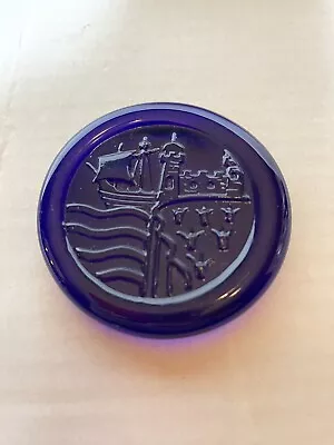 Bristol Blue Glass - Vintage Sailing Ship And Castle Flat Paperweight - Signed • $28