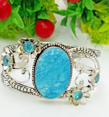 Turquoise & Swiss Blue Topaz Gemstone 925 Sterling Silver Jewelry Cuff Bracelet • $19.51