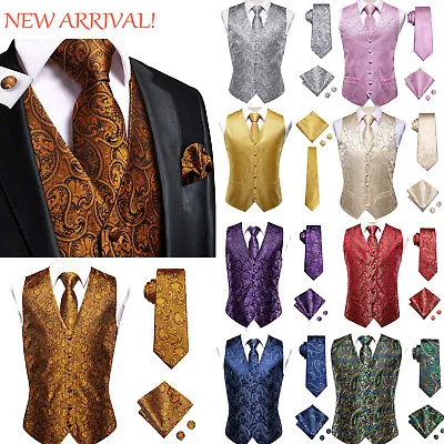 $12.99 • Buy Mens Dress Vest Necktie Hanky Set Casual Black Blue Waistcoat SET Wedding S 3XL