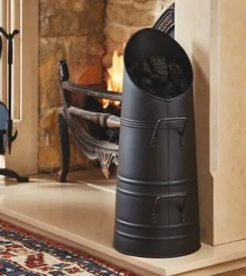 Black Coal Hod Scuttle Round Fireside Bucket Fireplace Log Wood Ash Bin Storage • £17.90