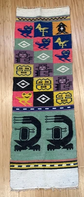 $50 • Buy Zapotec Oaxacan 46x15  HandWoven Animal Pattern Tapestry Rug Wool Fringe Green