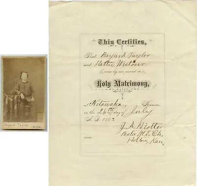 1883 Netawaka Kansas Marriage Certificate Bayard Taylor-Hattie Westover  W/photo • $35