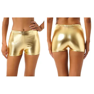 UK Womens Shiny Metallic Booty Shorts Hot Pants Nightclub Dance Bottoms Clubwear • £7.89