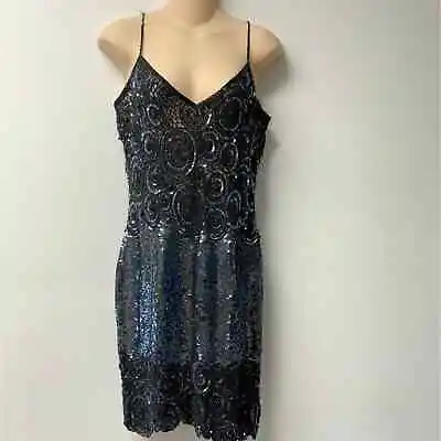 Vtg NAEEM KHAN Riazee Silk Beaded Open Back Art Deco Slip Dress Sz 8 Blue Black • $180