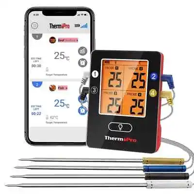 THERMPRO Bluetooth R-500' Range 4-Probe Smartphone Compatible Meat Thermometer • $44.99