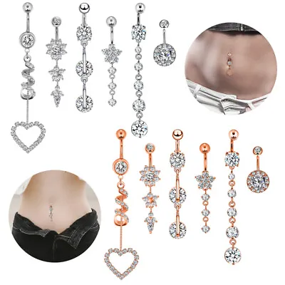 $11.99 • Buy 6 Pcs 14G Stainless Steel CZ Dangle Belly Button Rings Navel Rings Body Piercing