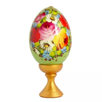 Green Zhostovo Wood Easter Egg On A Stand Painted By Hand 4.7 Inch • $17.95