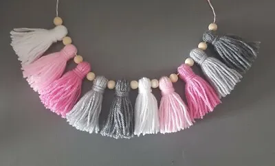 £5.99 • Buy Pink Grey And White Beaded Tassel Bunting / Garland. Nursery Home Deco Party.
