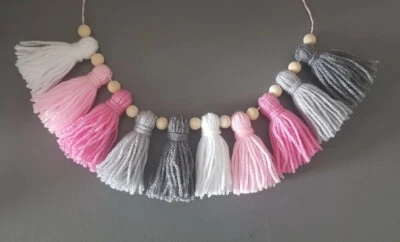 £5.99 • Buy Pink Grey And White Beaded Tassel Bunting / Garland. Nursery Home Deco Party.