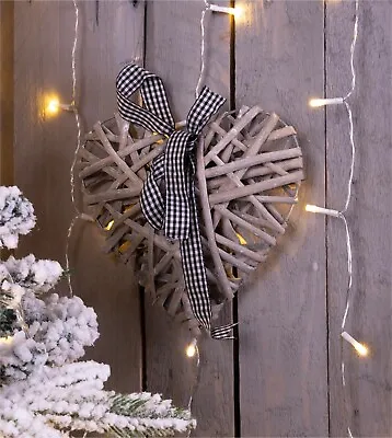 Grey Natural Wicker Rustic Wood Christmas Heart Woven Willow Hanging Decoration • £6.99