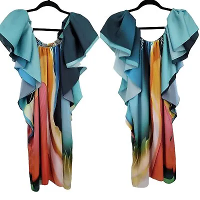 $1000 • Buy Designer Mary Katrantzou Dress Art To Wear Rainbow Flutter Sleeve Mini Kaftan 10