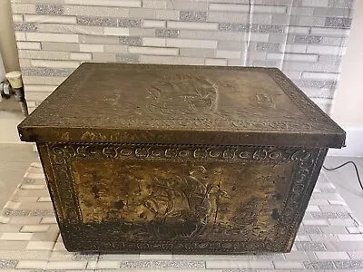 Vintage Embossed Brass Coal Box Storage Chest Trunk Pirate Theme 40 X 28 Cm • £40