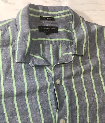 Banana Republic Mens Shirt Strips Large Slim Fit Linen Short Sleeve Button READ • $14