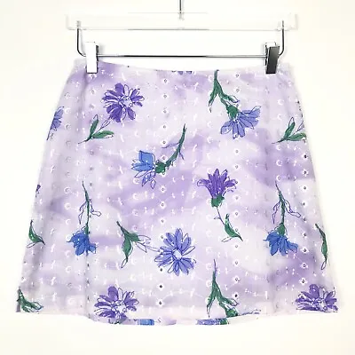 Vintage Y2K Floral Mini Skirt Eyelet Embroidered Purple Softgirl Fairy Medium • $19