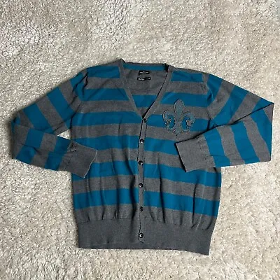 Marc Ecko Sweater Mens XL Gray Turquoise Stripe Cardigan Cut & Sew Preppy Casual • $22.39