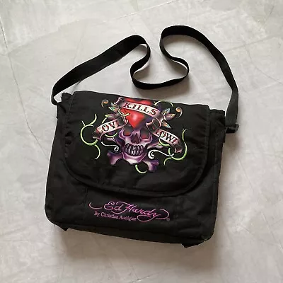 ED HARDY KILLS LOVE SLOWIY COURIER CROSSBODY BLACK MESSENGER BAG Y2K Grange • $55