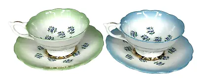 Vintage Teacup & Saucer Set Of 2 Guaranteed English Bone China Green Blue Floral • $49.97