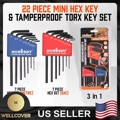 22 Pcs Mini Hex Key Torx Star Allen Wrench Set Metric SAE Short Arm Cr-V Holder • $5.17