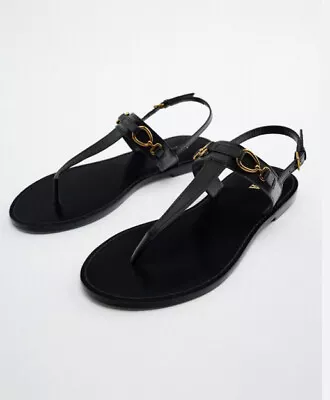 $35 • Buy Zara Women's Black &gold Leather Back Strap Thong Sandals NWT Sz 9/40 2620/910