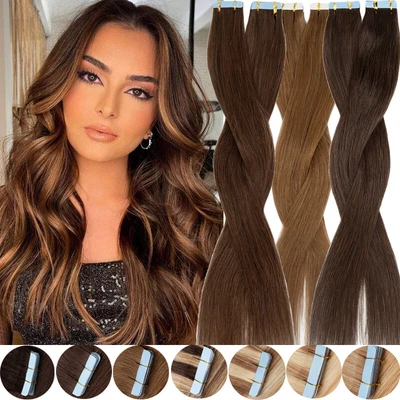 £23.28 • Buy Tape In Full THICK 25G Skin Weft Remy 100% Human Hair Extensions Balayage BROWN