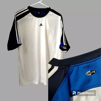 Adidas Vintage Mens Tshirt Medium Soccer 2004 Classic 3 Stripes White Blue Crew • $19.95