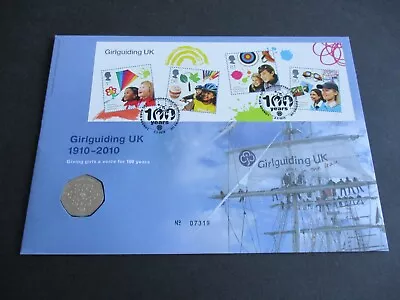 2010 - GIRLGUIDING BRILLIANT UNCIRCULATED  50p COIN AND STAMP COVER • £9