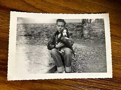 Young Man Hugging Puppy Dog 1950s B&W Vintage Photo W3 • $9.99