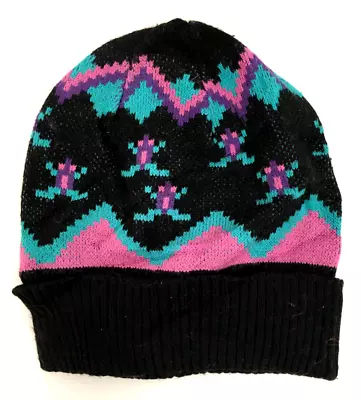 Vintage 80s Patterned Black Pink Teal Retro Ski Beanie Winter Hat One Size • £9