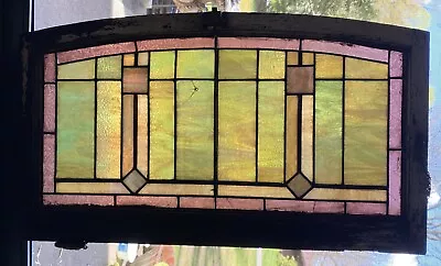 Antique  Leaded Slag Stained Glass Window Wood Frame Arched 37 X21.25  Transom • $399