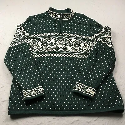 VINTAGE Lands End Sweater Womens Large Green 1/4 Zip Nordic Fair Isle Snowflake • $27.99