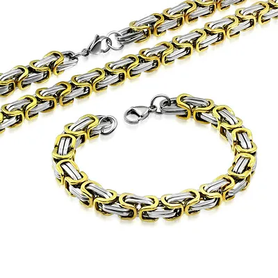 Stainless Steel Silver-Tone Yellow Gold-Tone Necklace Bracelet Mens Jewelry Set • $24.99