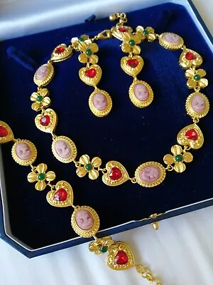 £28.99 • Buy LUXURY 1930/50s STYLE 3pc PARURE HEART CAMEO FLOWER  BRUSHED GOLD  NECKLACE Set