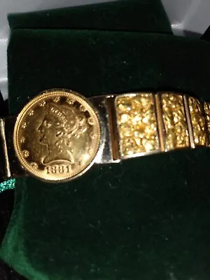 Mens $10 Gold Coin Alasken Gold Nugget Custom Made Bracelet Fine Jewelry • $3000