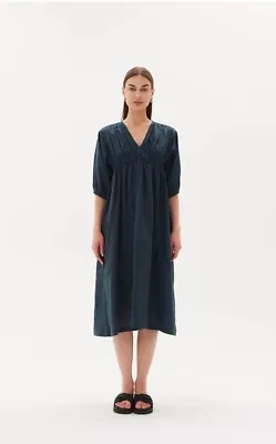 Tirelli Puff Sleeve Gather Front French Linen Dress Sz S Like New Retail $150 • $59