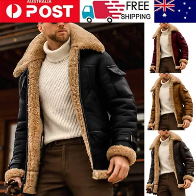Men's Aviator Pilot Fur Bomber Jacket Leather Warm Fur Suede Collar Coat Outwear • $49.85