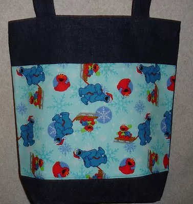 NEW Medium Denim Tote Bag Handmade/w Cookie Monster Elmo Christmas Winter Fabric • $19.99