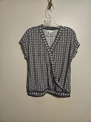 Max Studio Womens Black And White Print Faux Wrap Short Sleeve Blouse Size M • $10.95