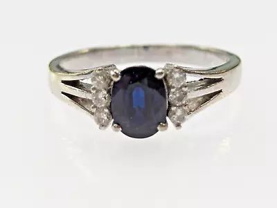 14ct Gold Ring Blue Sapphire And Diamond UK Ring Size L 1/2 - 14ct White Gold • $477.82