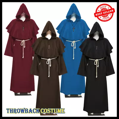Men Medieval Friar Hooded Robe Monk Cross Necklace Renaissance Halloween Costume • $36.99