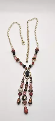 Vintage Gold Tone Pink Glass Crystal Black Rhinestone Necklace C9 • $1.29