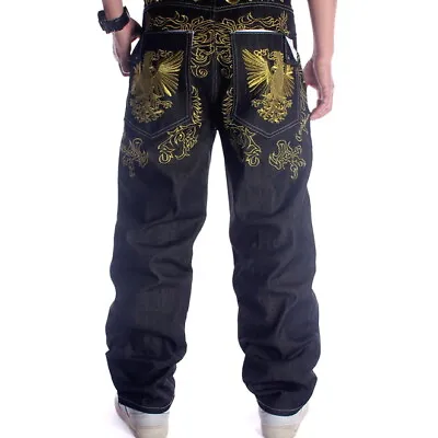 Mens Jeans Denim Streetwear Embroidery Pants Stonewashed HipHop Totem Streetwear • $57.99