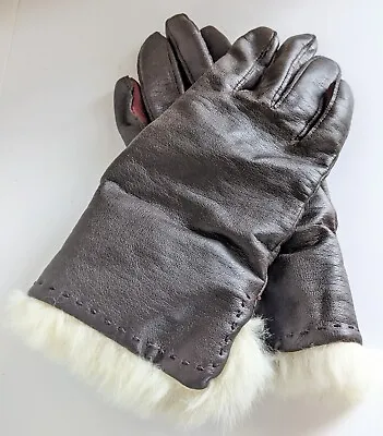 Vintage Women's Brown Leather Gloves Rabbit Fur Lined Size Small • $28.95