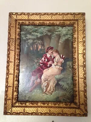 Antique Wood Gesso Frame With Painting On Board • $19.99