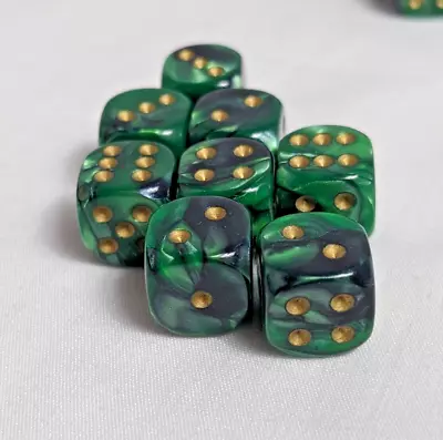 Lot Of 8 Green Black & Gold 12mm 6 Sided Dice Chessex • $5