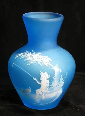 Westmoreland Glass Vase Mary Gregory Design Boy Fishing Signed Dated By Artist • $34.99